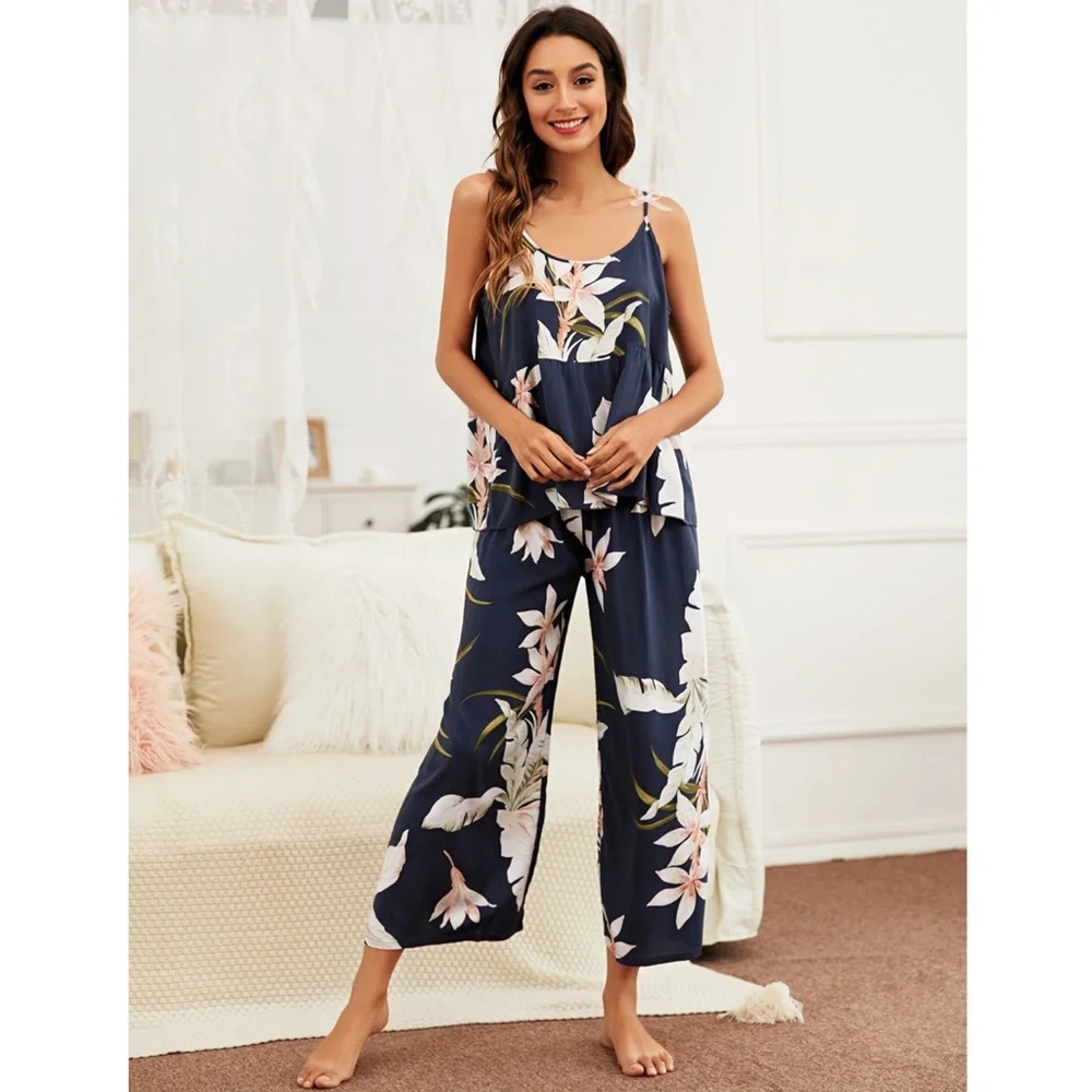 3 Piece Navy Color Floral Print Pajama Set - Picture 3 of 10